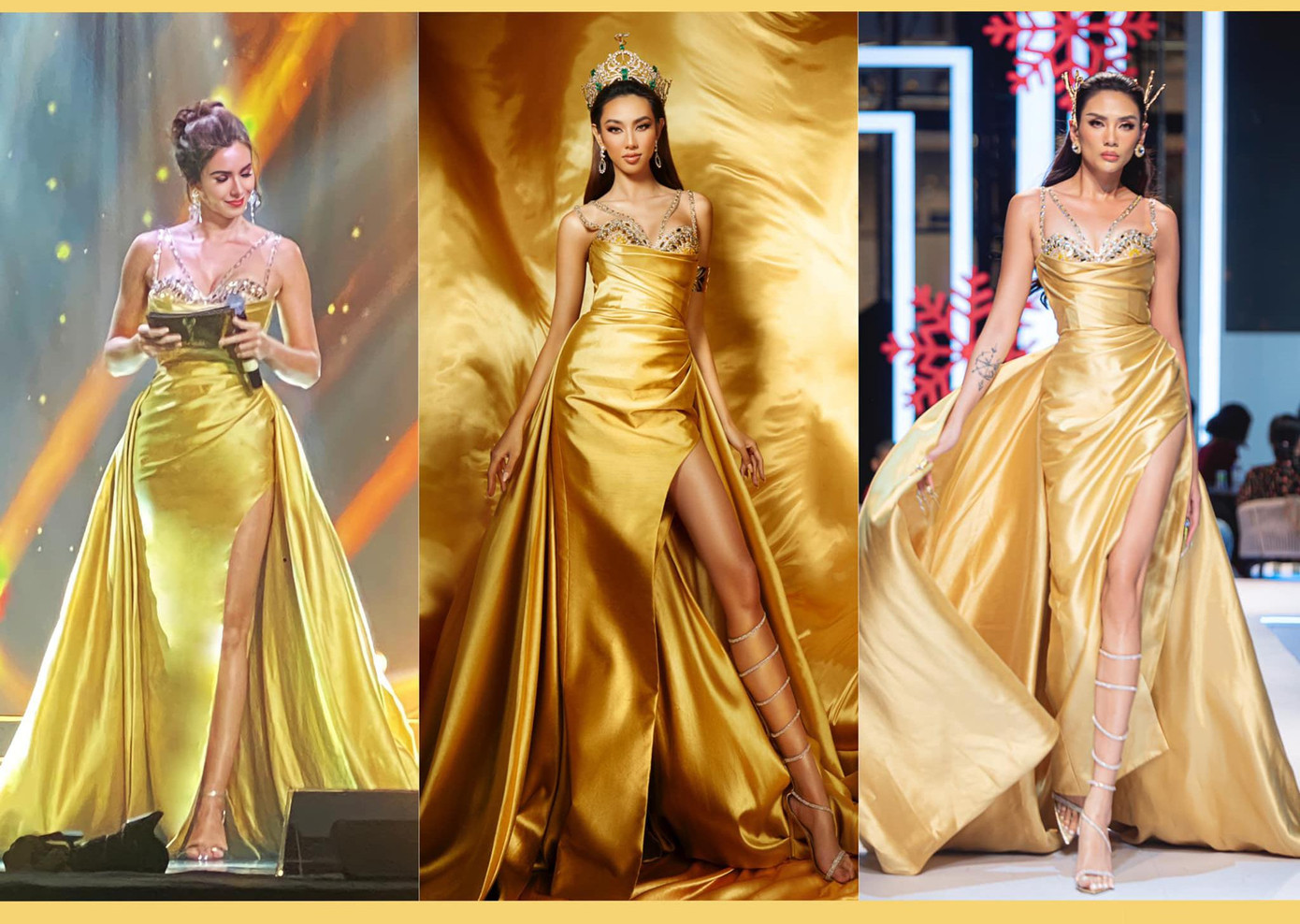 Mới đây, cộng đồng fans sắc đẹp xôn xao với hình ảnh Miss Universe 2005 Natalie Glebova diện lại bộ váy vàng lộng lẫy từng được Hoa hậu Thùy Tiên và siêu mẫu Võ Hoàng Yến mặc trước đó. Màn đọ sắc của ba mỹ nhân đình đám khiến fans thật khó phân định được nhan sắc ai hơn ai. Mới đây, cộng đồng fans sắc đẹp xôn xao với hình ảnh Miss Universe 2005 Natalie Glebova diện lại bộ váy vàng lộng lẫy từng được Hoa hậu Thùy Tiên và siêu mẫu Võ Hoàng Yến mặc trước đó. Màn đọ sắc của ba mỹ nhân đình đám khiến fans thật khó phân định được nhan sắc ai hơn ai.