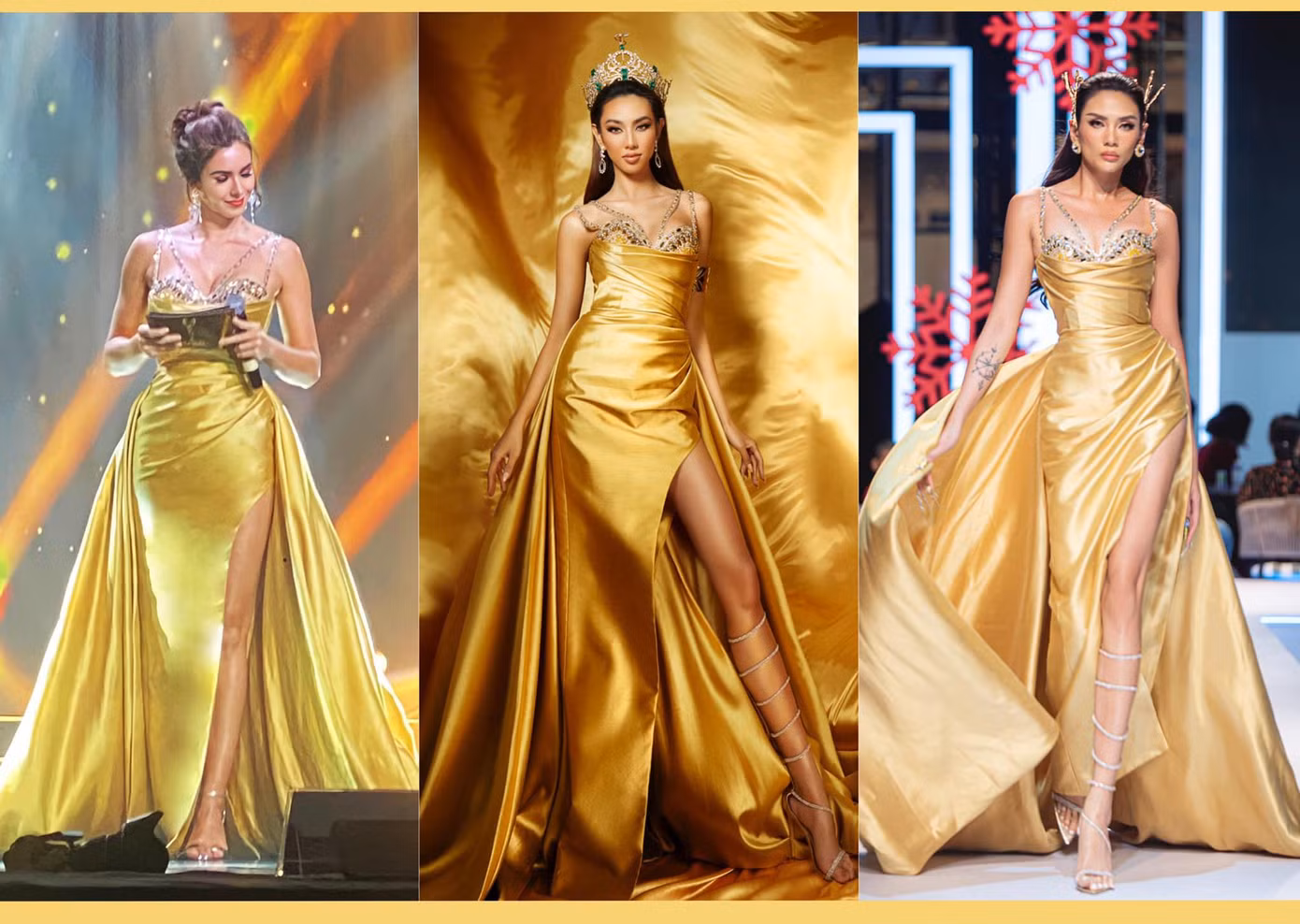 Mới đây, cộng đồng fans sắc đẹp xôn xao với hình ảnh Miss Universe 2005 Natalie Glebova diện lại bộ váy vàng lộng lẫy từng được Hoa hậu Thùy Tiên và siêu mẫu Võ Hoàng Yến mặc trước đó. Màn đọ sắc của ba mỹ nhân đình đám khiến fans thật khó phân định được nhan sắc ai hơn ai. Mới đây, cộng đồng fans sắc đẹp xôn xao với hình ảnh Miss Universe 2005 Natalie Glebova diện lại bộ váy vàng lộng lẫy từng được Hoa hậu Thùy Tiên và siêu mẫu Võ Hoàng Yến mặc trước đó. Màn đọ sắc của ba mỹ nhân đình đám khiến fans thật khó phân định được nhan sắc ai hơn ai.