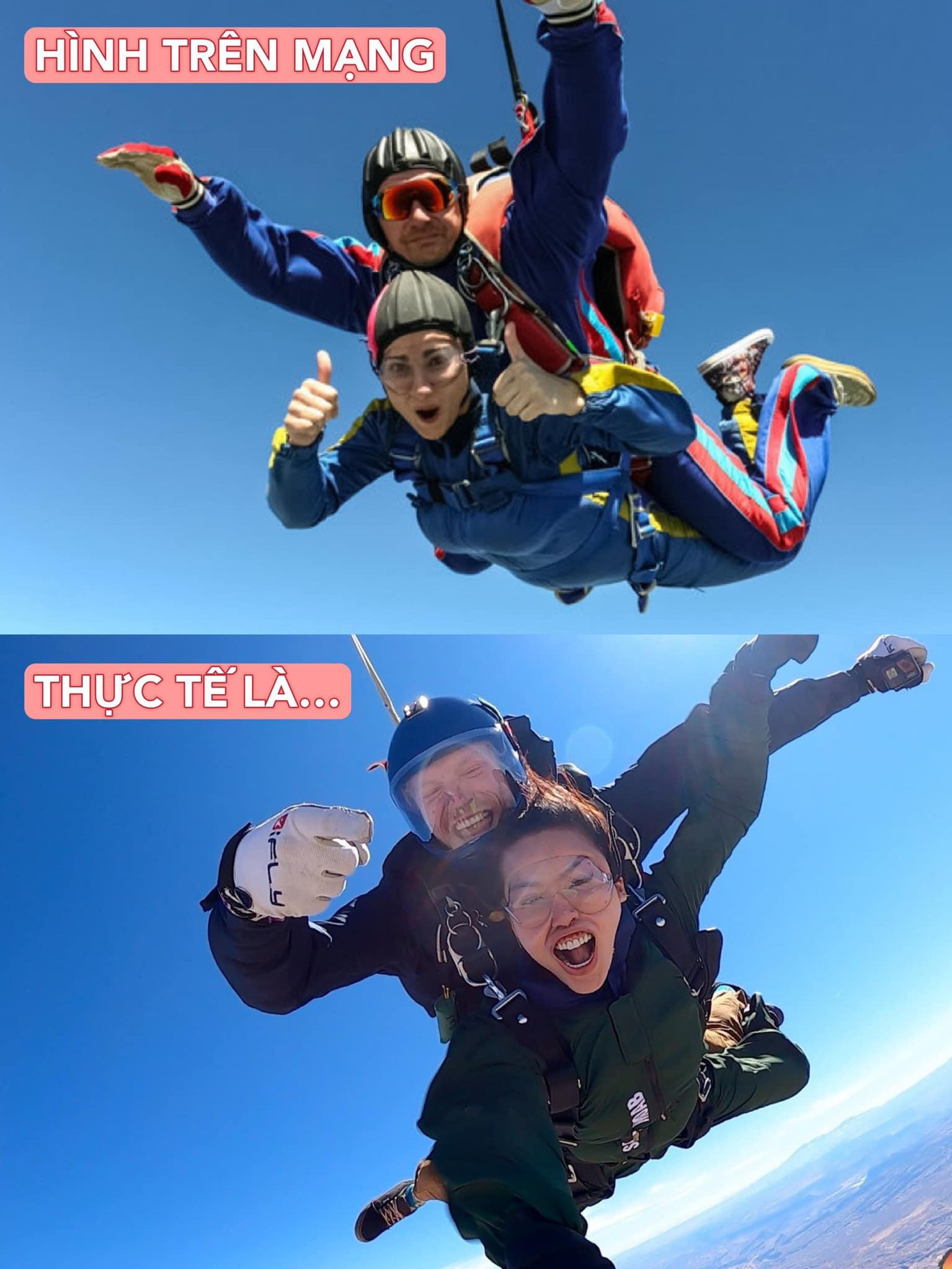 Khoảnh khắc lầy lội của Minh Tú khi 'phiêu' trên trời với chiếc dù. Khoảnh khắc lầy lội của Minh Tú khi 'phiêu' trên trời với chiếc dù.