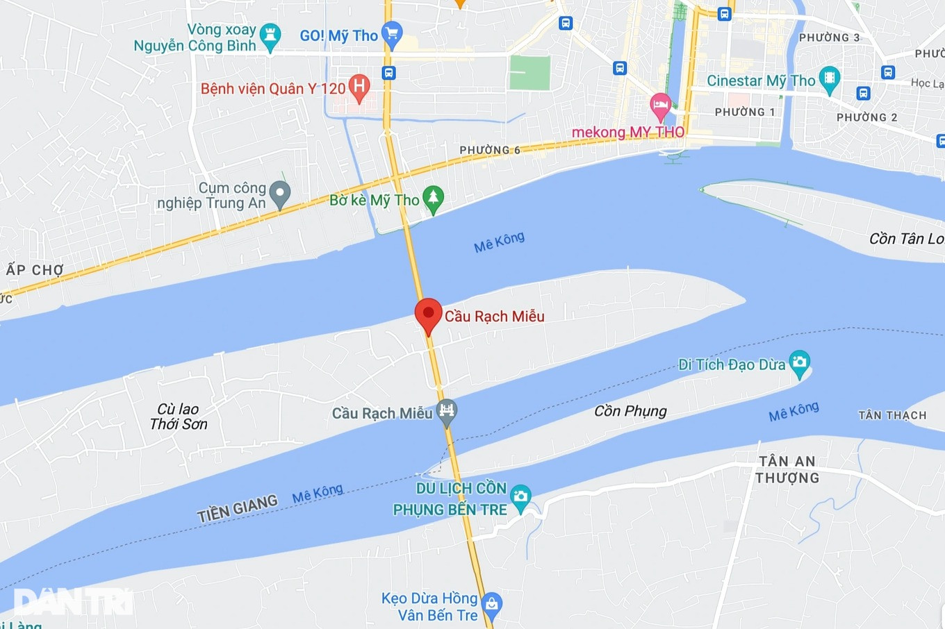 Cầu Rạch Miễu nối 2 tỉnh Tiền Giang và Bến Tre (Ảnh: Google Maps).