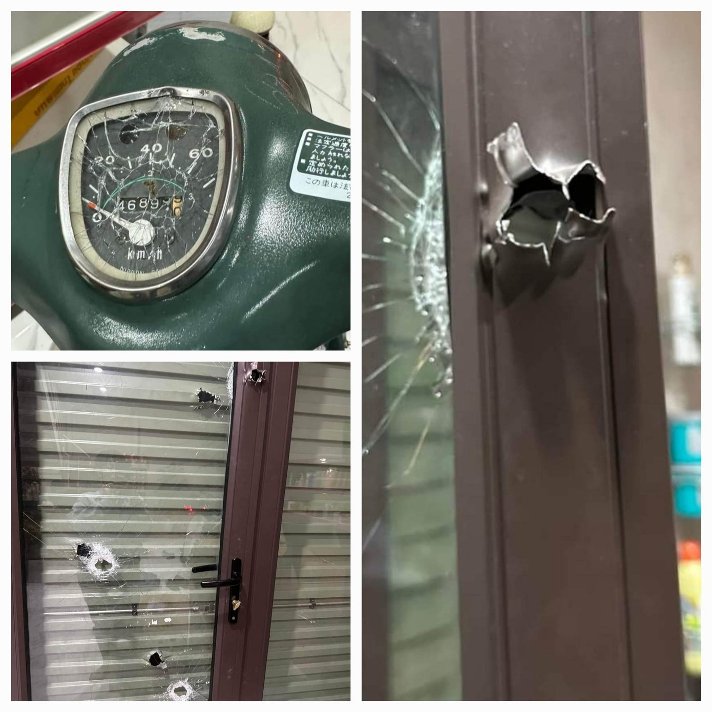 Cửa nhà, xe máy lưu lại dấu vết đạn bắn. Ảnh: Thuy Tien Cửa nhà, xe máy lưu lại dấu vết đạn bắn. Ảnh: Thuy Tien