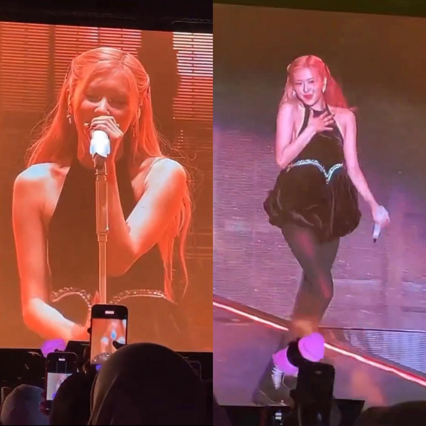 Trong buổi hòa nhạc tại Jakarta, Indonesia hôm 11/3, Rosé bất ngờ gặp sự cố về trang phục khi đang trình diễn ca khúc Hard to love. Cụ thể, dây buộc sau cổ của chiếc váy yếm không may bị tuột. May mắn, ca sĩ đã bình tĩnh giữ phần đằng trước váy và nhờ sự hỗ trợ của vũ công. Trong buổi hòa nhạc tại Jakarta, Indonesia hôm 11/3, Rosé bất ngờ gặp sự cố về trang phục khi đang trình diễn ca khúc Hard to love. Cụ thể, dây buộc sau cổ của chiếc váy yếm không may bị tuột. May mắn, ca sĩ đã bình tĩnh giữ phần đằng trước váy và nhờ sự hỗ trợ của vũ công.