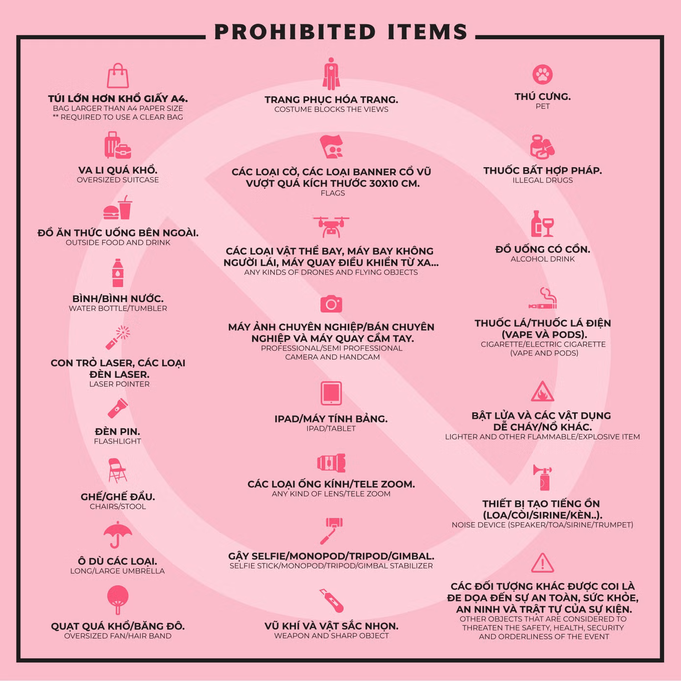 Những vật dụng bị cấm trong đêm nhạc BlackPink tại Hà Nội.