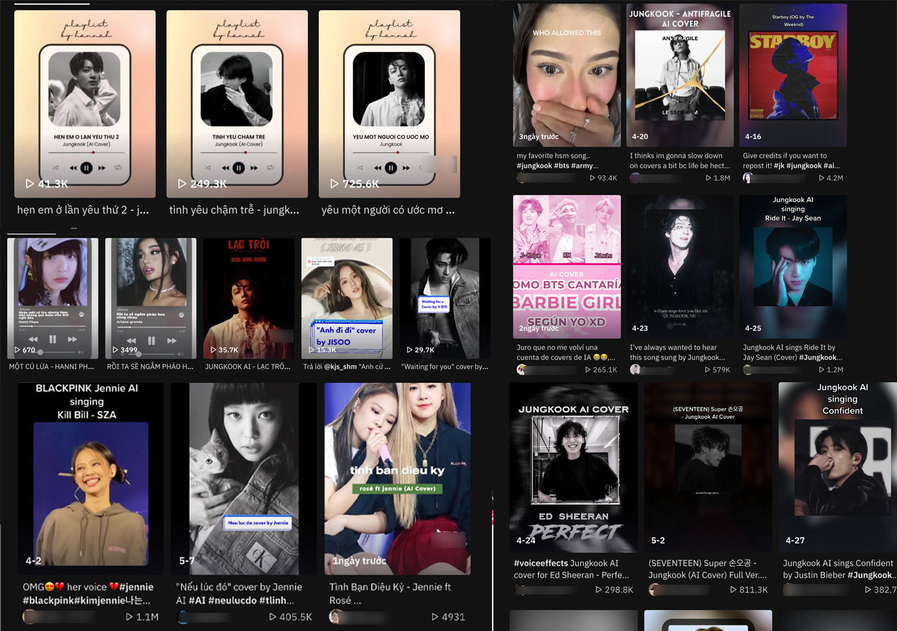 Tràn lan những ca khúc dùng giọng AI của ca sĩ để cover bài hát của nghệ sĩ khác được đăng tải trên các nền tảng mạng xã hội, bằng nhiều thứ tiếng. Ảnh: CMH.