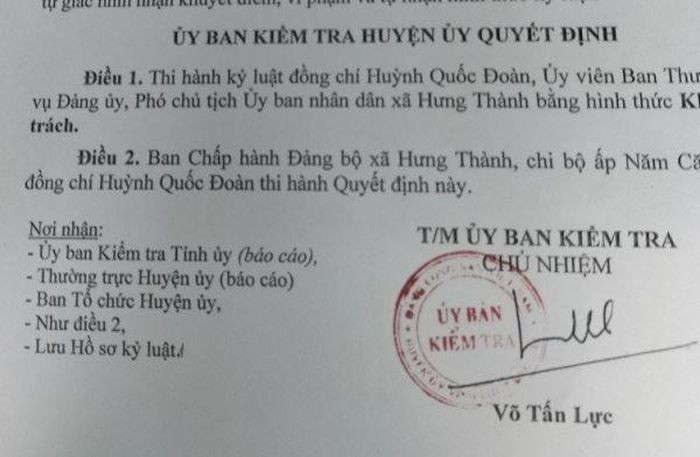 Quyết định kỷ luật của UBKT Huyện ủy Vĩnh Lợi đối với ông Huỳnh Quốc Đoàn. Quyết định kỷ luật của UBKT Huyện ủy Vĩnh Lợi đối với ông Huỳnh Quốc Đoàn.
