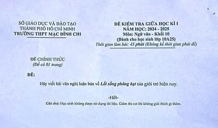 Đề kiểm tra môn Ngữ văn giữa học kỳ I lớp 10A25 của trường THPT Mạc Đĩnh Chi (TP.HCM) Đề kiểm tra môn Ngữ văn giữa học kỳ I lớp 10A25 của trường THPT Mạc Đĩnh Chi (TP.HCM)