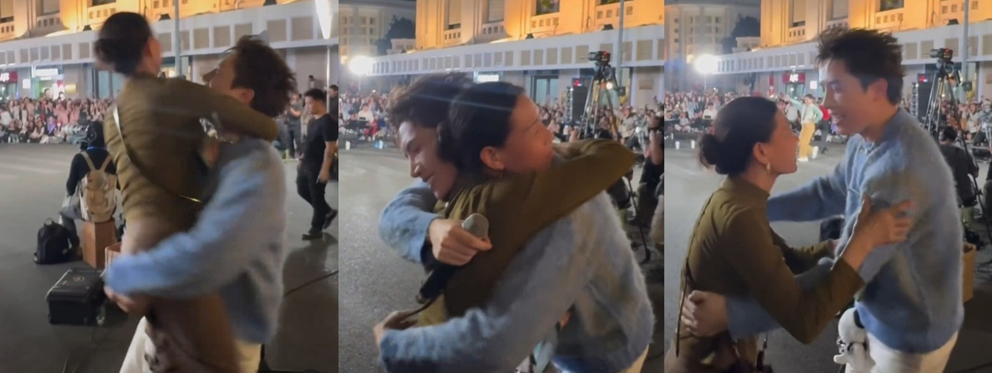 Khoảnh khắc Anh Tú ôm, nhấc bổng mẹ gây sốt MXH. Ảnh: Threads.