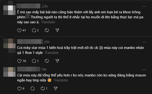 Nhiều khán giả cho rằng còn nhiều thí sinh thể hiện năng lực tốt hơn, sự bứt phá rõ rệt hơn như Mason, Tiêu Minh Phụng hay Nhật Hoàng. Ảnh: Threads, YouTube Nhiều khán giả cho rằng còn nhiều thí sinh thể hiện năng lực tốt hơn, sự bứt phá rõ rệt hơn như Mason, Tiêu Minh Phụng hay Nhật Hoàng. Ảnh: Threads, YouTube