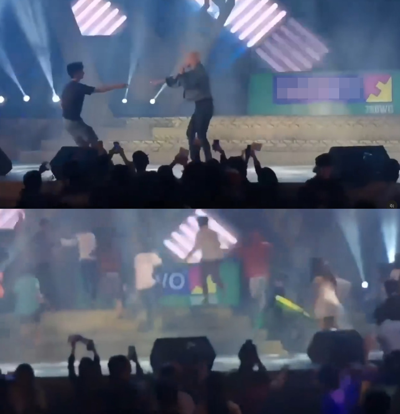 Sơn Tùng M-TP bỏ chạy khi người hâm mộ ồ ạt kéo lên sân khấu. Ảnh: Trích từ video