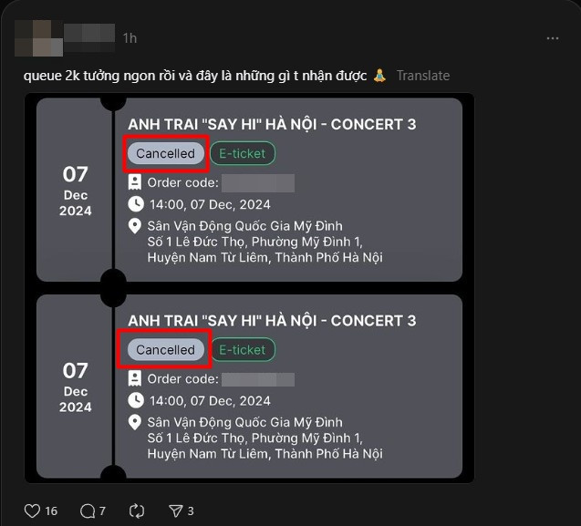 Khán giả buồn bã vì bị hủy vé dù đã thành công vào bước thanh toán. Ảnh: Threads Khán giả buồn bã vì bị hủy vé dù đã thành công vào bước thanh toán. Ảnh: Threads