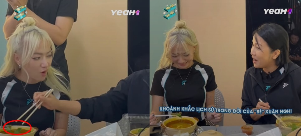 Mỹ Linh gắp ngò sang cho Xuân Nghi ăn. Ảnh: Chị Đẹp Đạp Gió 2024