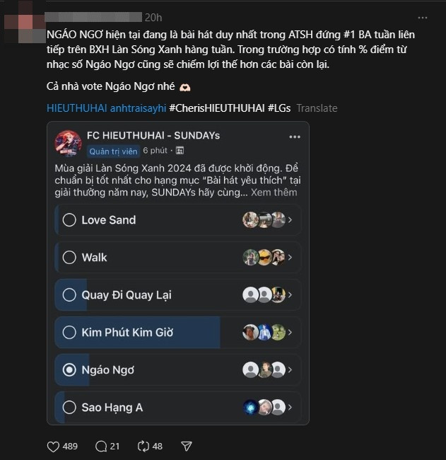 Fan HIEUTHUHAI quan tâm cả mảng nhạc số chứ không chỉ bình chọn. Ảnh: Threads