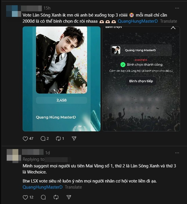 Fan của Quang Hùng MasterD tích cực bình chọn cho không chỉ Làn Sóng Xanh, mà còn Mai Vàng và WeChoice. Ảnh: Threads