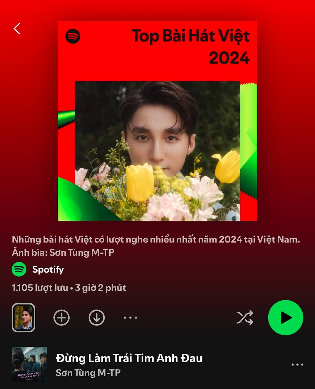 Sơn Tùng M-TP dẫn đầu danh sách ca khúc Việt năm 2024. Ảnh: Spotify Sơn Tùng M-TP dẫn đầu danh sách ca khúc Việt năm 2024. Ảnh: Spotify
