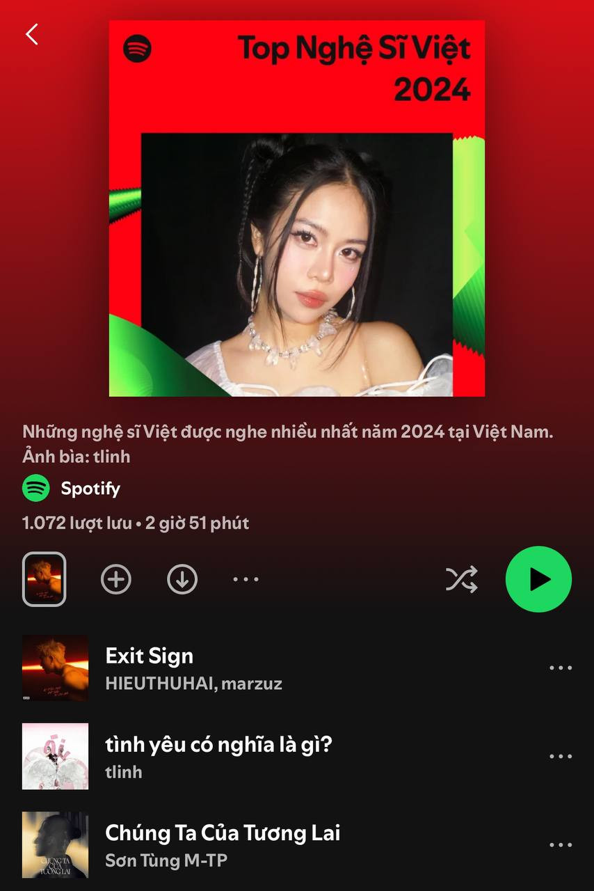 HIEUTHUHAI, tlinh và Sơn Tùng là 3 nghệ sĩ Việt đình đám nhất năm 2024 trên Spotify. Ảnh: Spotify HIEUTHUHAI, tlinh và Sơn Tùng là 3 nghệ sĩ Việt đình đám nhất năm 2024 trên Spotify. Ảnh: Spotify