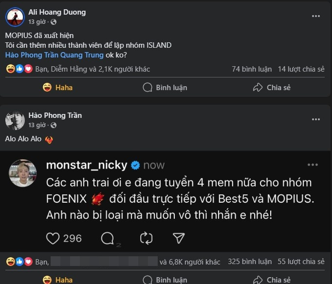 Ali Hoàng Dương và Nicky kêu gọi lập nhóm cạnh tranh với MOPIUS. Ali Hoàng Dương và Nicky kêu gọi lập nhóm cạnh tranh với MOPIUS.