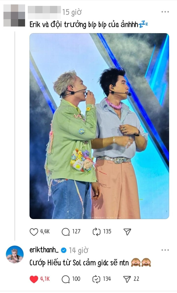 Erik cũng "đẩy thuyền" HIEUTHUHAI - JSOL. Ảnh: Threads Erik cũng "đẩy thuyền" HIEUTHUHAI - JSOL. Ảnh: Threads