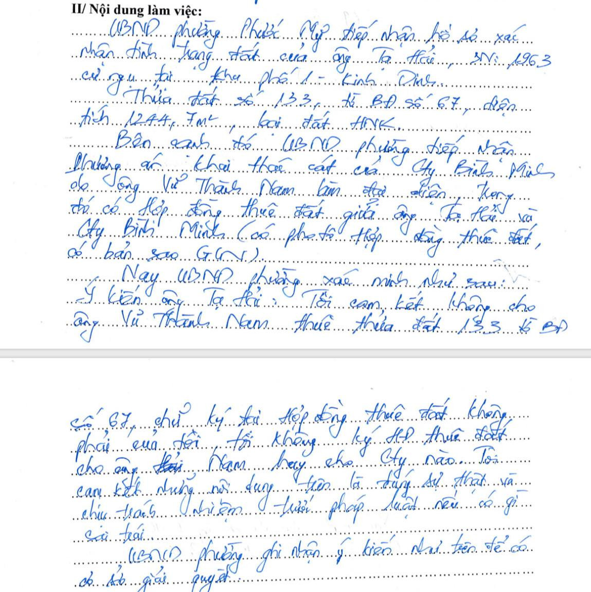 Biên bản về việc giả chữ ký của Công ty Bình Minh do UBND phường Phước Mỹ lập