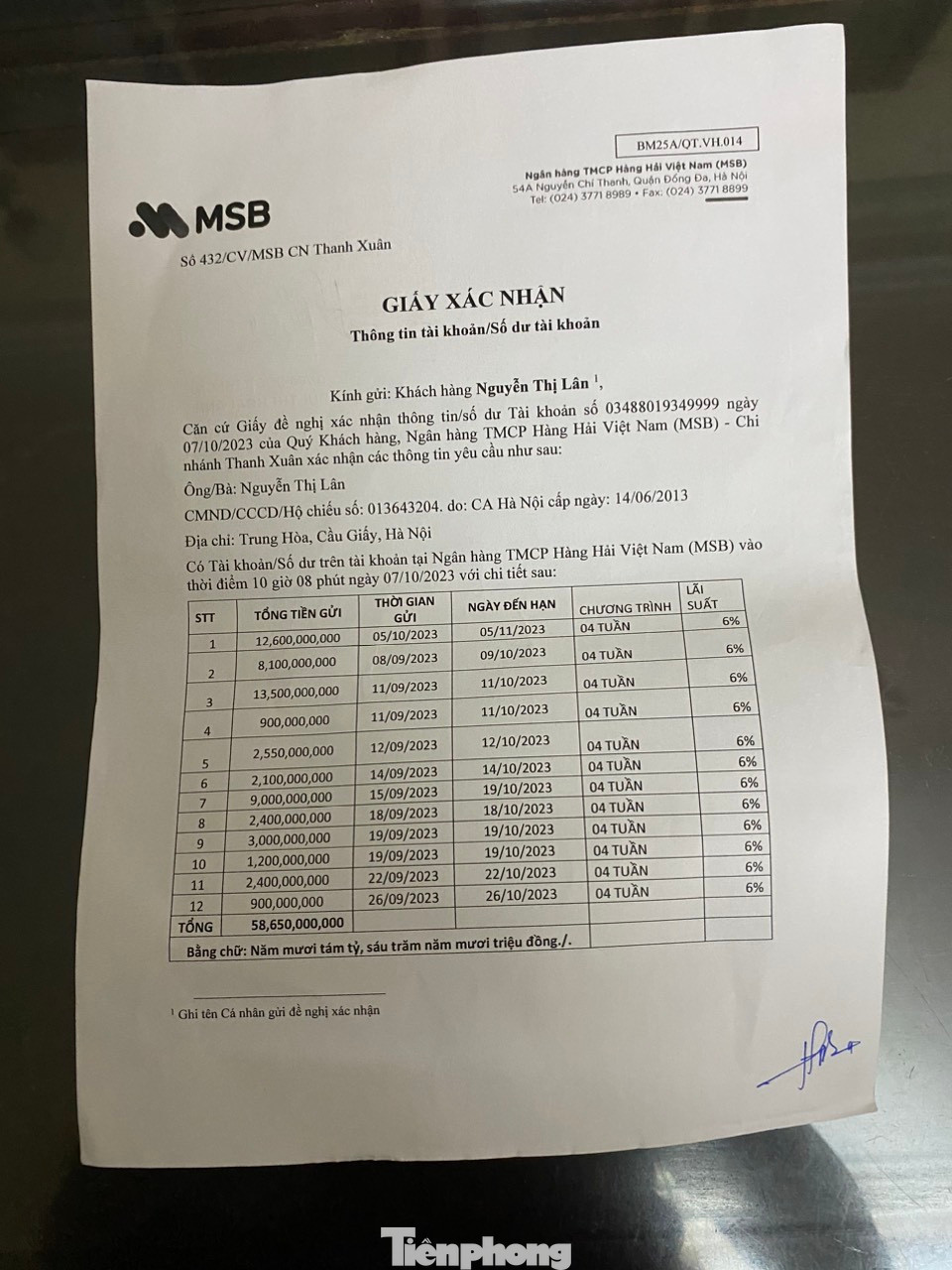 Sao kê tài khoản của bà Nguyễn Thị Lân tại ngân hàng MSB. Sao kê tài khoản của bà Nguyễn Thị Lân tại ngân hàng MSB.