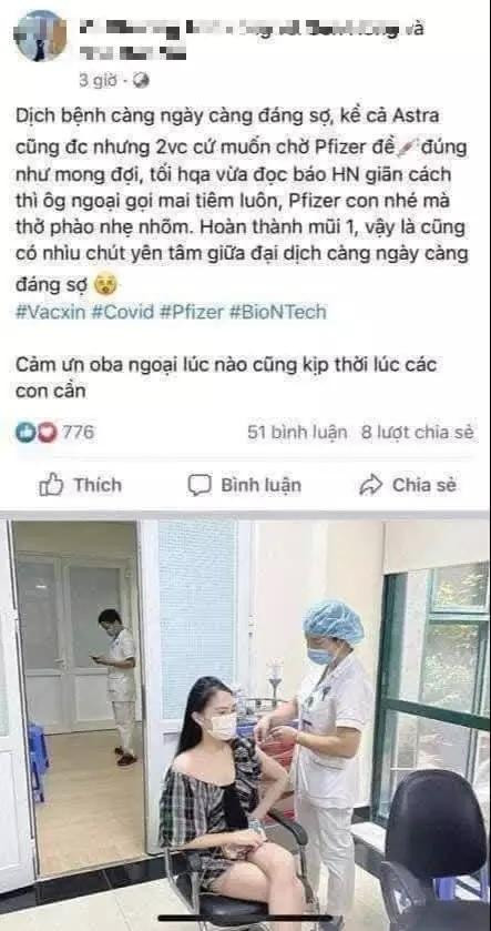 Hình ảnh cô gái trẻ khoe được tiêm vắc-xin do người thân "nhờ vả" được lan truyền trên mạng xã hội. Hình ảnh cô gái trẻ khoe được tiêm vắc-xin do người thân "nhờ vả" được lan truyền trên mạng xã hội.