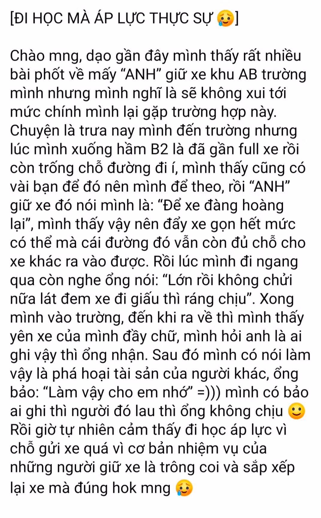 Nguyên văn bài đăng của nữ sinh trường Hutech TP.HCM (Nguồn: Hutech confession)