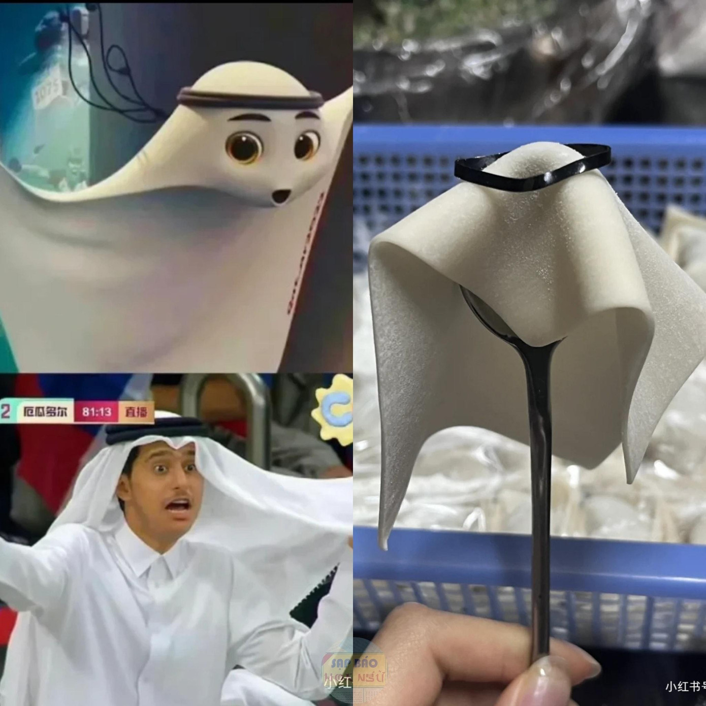 Hình ảnh trên khán đài của "Hoàng tử Qatar" được cho là "như hai giọt nước" với linh vật World Cup 2022. Netizen Trung còn ưu ái gọi anh bằng biệt danh đáng yêu: Vỏ sủi cảo. (Nguồn: Sạp báo Hoa ngữ) Hình ảnh trên khán đài của "Hoàng tử Qatar" được cho là "như hai giọt nước" với linh vật World Cup 2022. Netizen Trung còn ưu ái gọi anh bằng biệt danh đáng yêu: Vỏ sủi cảo. (Nguồn: Sạp báo Hoa ngữ)