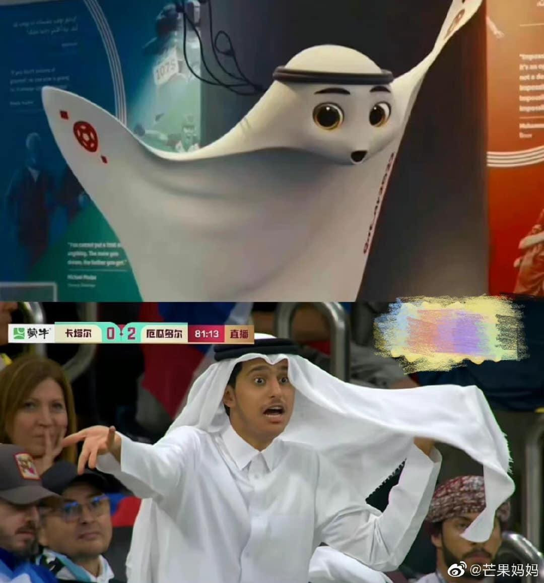 Biểu cảm "như hai giọt nước" của "Hoàng tử Qatar" và linh vật World Cup 2022 viral khắp Weibo. Nguồn: Weibo.
