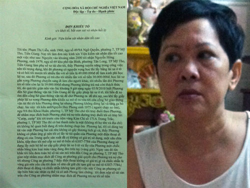 Phạm Thị Liễu và đơn tố cáo gửi cho VKSND Tối cao. Phạm Thị Liễu và đơn tố cáo gửi cho VKSND Tối cao