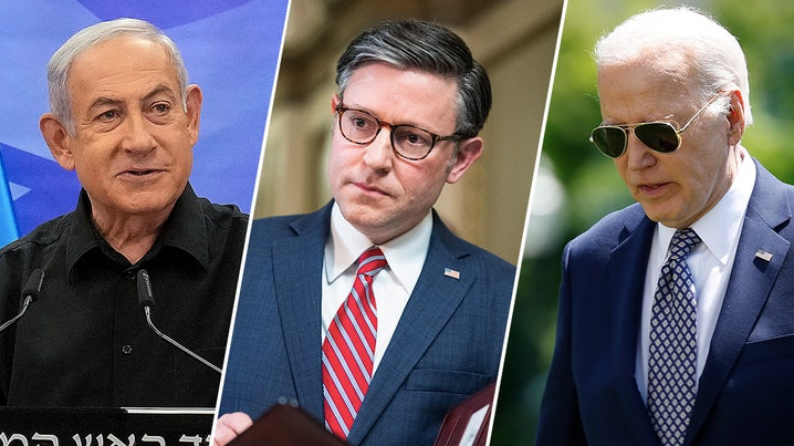 Thủ tướng Israel Benjamin Netanyahu, Chủ tịch Hạ viện Mỹ Mike Johnson và Tổng thống Mỹ Joe Biden. (Ảnh: Fox News)