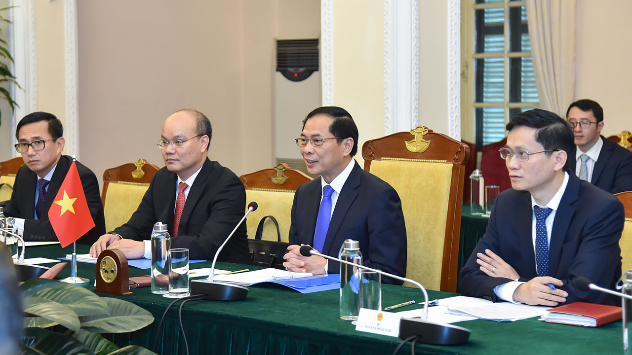 Bộ trưởng Bùi Thanh Sơn tại cuộc hội đàm ngày 10/4. (Ảnh: Mofa)