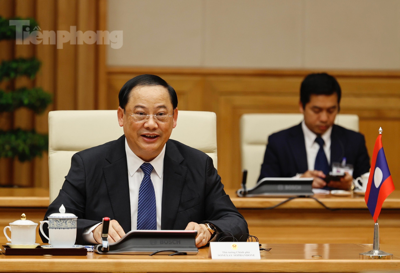 Thủ tướng Lào Sonexay Siphandone tại cuộc làm việc với Thủ tướng Phạm Minh Chính. (Ảnh: Như Ý)