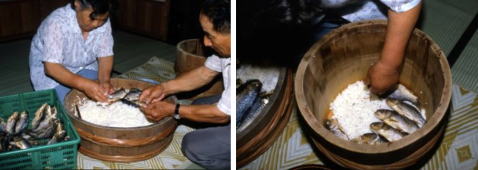 Sushi được làm trong thùng gỗ và để lên men trong thời gian dài. (Ảnh: Hibino Terutoshi)