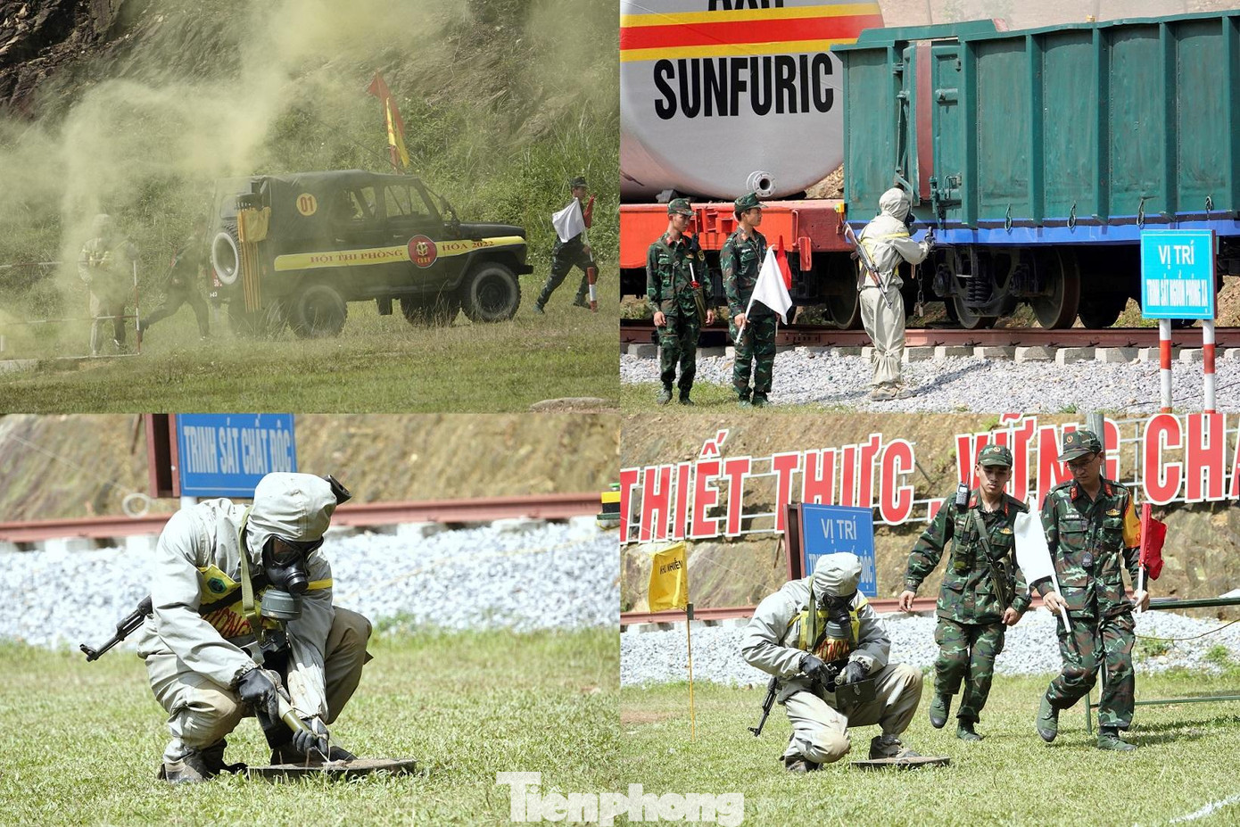 Vận động viên đội tuyển Hóa học Quân khu 5 thực hiện các nội dung trong phần thi “Môi trường an toàn”, sáng 3/10