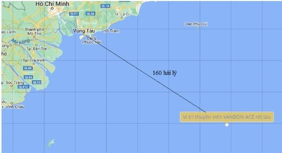 Vị trí thuyền viên tàu VANDON ACE rời tàu cách Đông Nam Vũng Tàu 160 hải lý