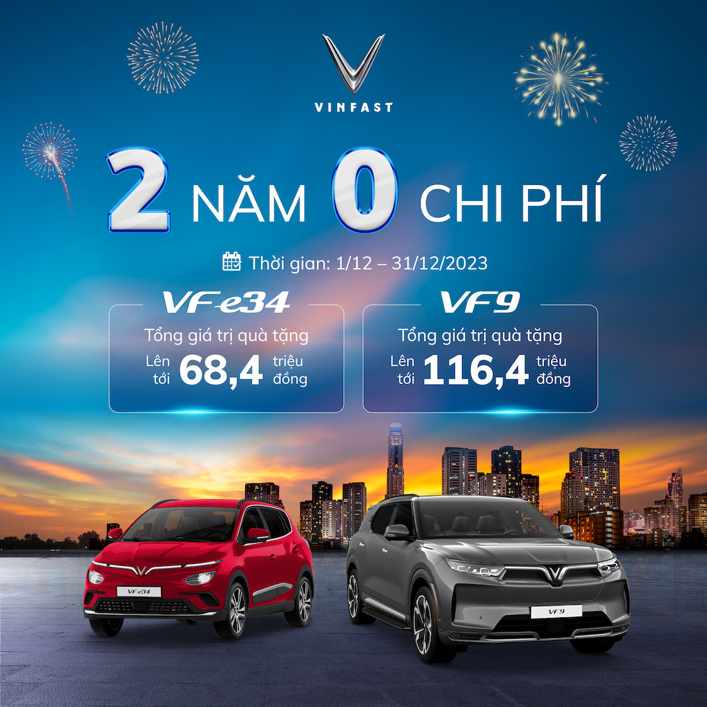 Khách đặt cọc và nhận xe VF 9 phiên bản 6 chỗ và VF e34 trong tháng 12/2023 được nhận ưu đãi “Hai năm không chi phí”.