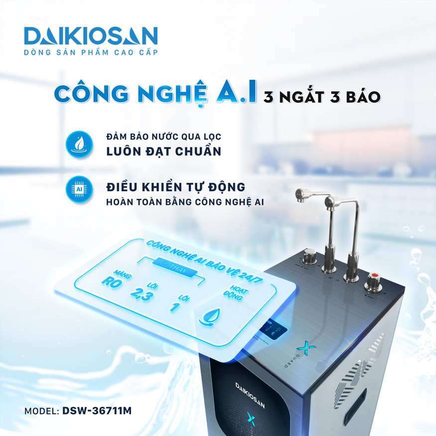 Máy lọc nước từ trường Daikiosan còn có công nghệ AI 3 ngắt 3 báo giúp bảo vệ an toàn khi xảy ra sự cố và kiểm soát chất lượng nước