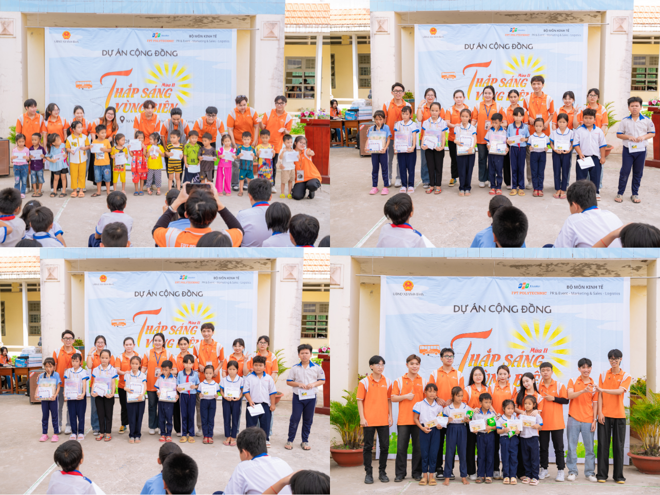 Đại diện các nhóm sinh viên trao tặng học bổng, quà tặng đến các em học sinh ở các điểm trường tại xã Vĩnh Bình.