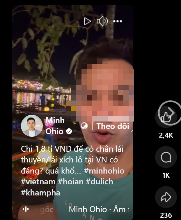 Tài khoản Minh Ohio lan truyền thông tin muốn có suất đạp xích lô, chèo thuyền ở Hội An phải chi tiền tỷ. Tài khoản Minh Ohio lan truyền thông tin muốn có suất đạp xích lô, chèo thuyền ở Hội An phải chi tiền tỷ.