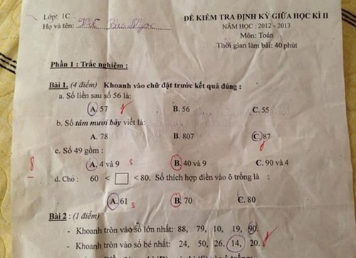 Đề Toán lớp 1 được cho là 