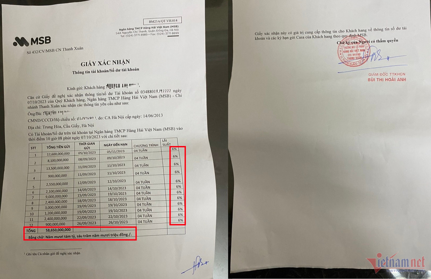 Mức lãi suất vượt trần NHNN quy định trong văn bản được cho là do Bùi Thị Hoài Anh ký khi còn làm việc tại MSB Thanh Xuân. Ảnh: NVCC. Mức lãi suất vượt trần NHNN quy định trong văn bản được cho là do Bùi Thị Hoài Anh ký khi còn làm việc tại MSB Thanh Xuân. Ảnh: NVCC.