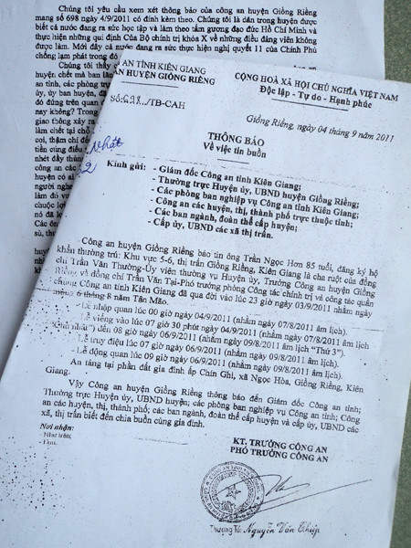 Công văn của Công an huyện Giồng Riềng. Ảnh: Sáu Nghệ. Công văn của Công an huyện Giồng Riềng. Ảnh: Sáu Nghệ