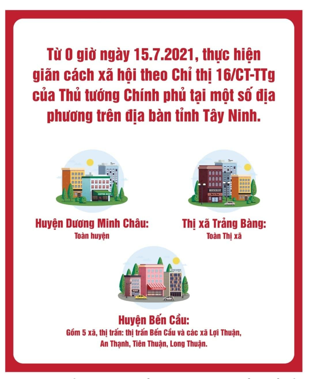 Các địa phương ở Tây Ninh giãn cách theo Chỉ thị 15, 16.