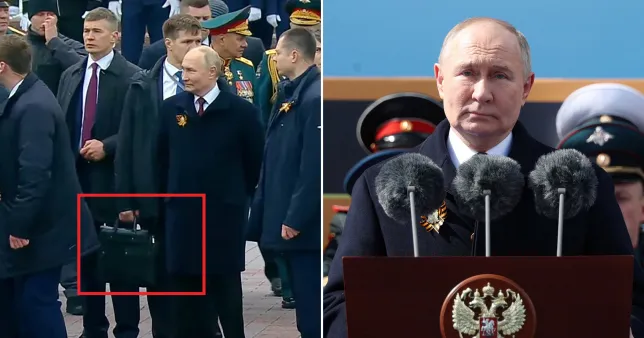 Tổng thống Nga Vladimir Putin phát biểu trên Quảng trường Đỏ dịp kỷ niệm Chiến thắng phát xít 9/5/2024 và trợ lý cầm vali đen được cho là Cheget. Ảnh: Reuters. Tổng thống Nga Vladimir Putin phát biểu trên Quảng trường Đỏ dịp kỷ niệm Chiến thắng phát xít 9/5/2024 và trợ lý cầm vali đen được cho là Cheget. Ảnh: Reuters.