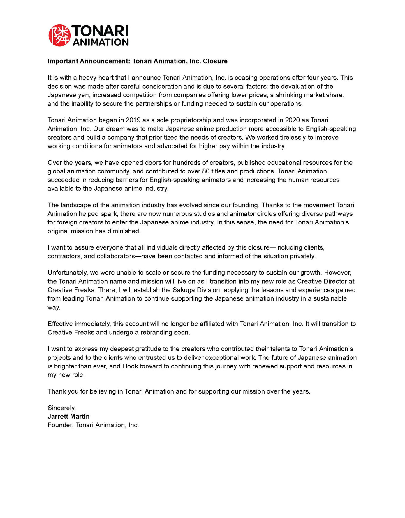 Thông báo chính thức từ Tonari Animation.