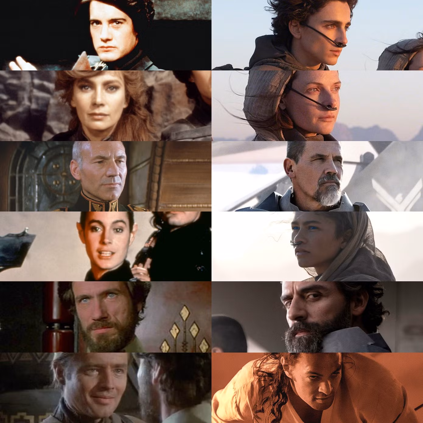 Dàn nhân vật của Dune bản cũ và bản mới từ trên xuống: Paul Atreides, Lệnh bà Jessica, Gurney Halleck, Chani, Công tước Leto và Duncan Idaho.
