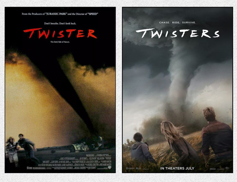 Poster chính thức của hai tác phẩm Twister năm 1996 (trái) và Twisters năm 2024.