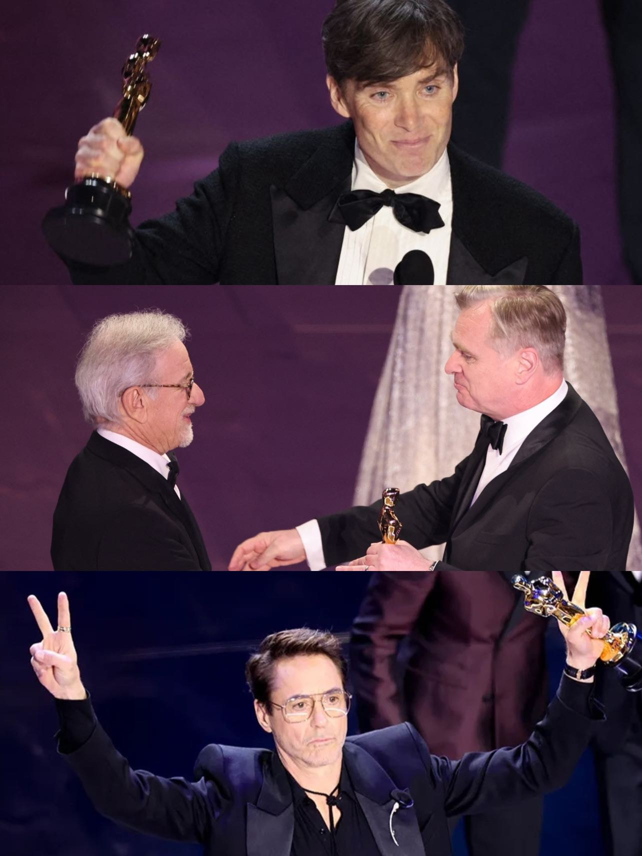 Từ trên xuống: Cillian Murphy, Christopher Nolan và Robert Downey Jr. đều không giấu được xúc động khi lên sân khấu nhận giải. Từ trên xuống: Cillian Murphy, Christopher Nolan và Robert Downey Jr. đều không giấu được xúc động khi lên sân khấu nhận giải.