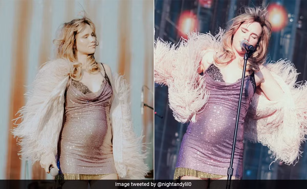 Suki Waterhouse diện đầm hồng ngắn ôm sát, lộ rõ bụng bầu. Ảnh: @nightandylil0