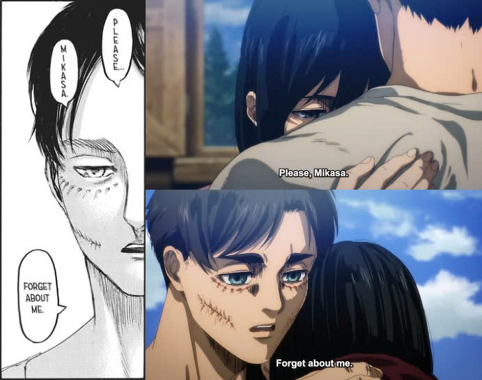 Eren nhắn nhủ cô rằng sau khi cậu chết, hãy vứt đi chiếc khăn choàng và quên mọi thứ về cậu,