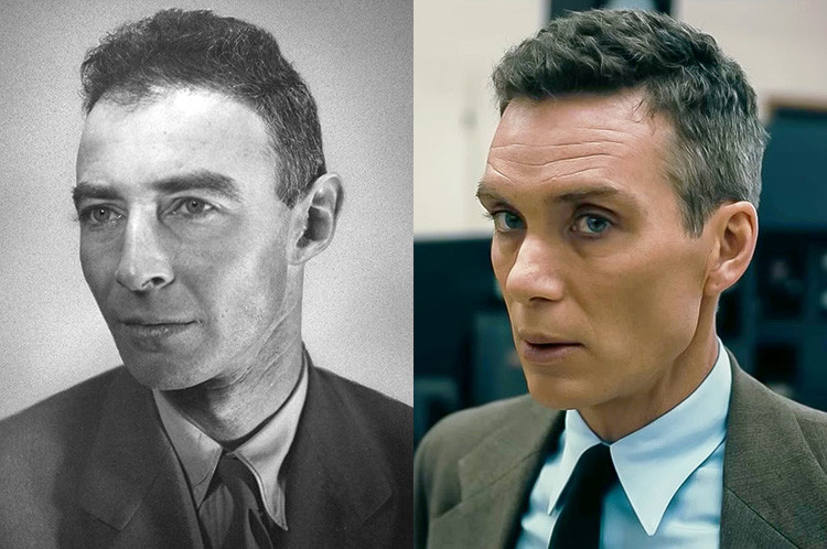 Oppenheimer ngoài đời thật và phần hóa trang của tài tử Cillian Murphy. Oppenheimer ngoài đời thật và phần hóa trang của tài tử Cillian Murphy.